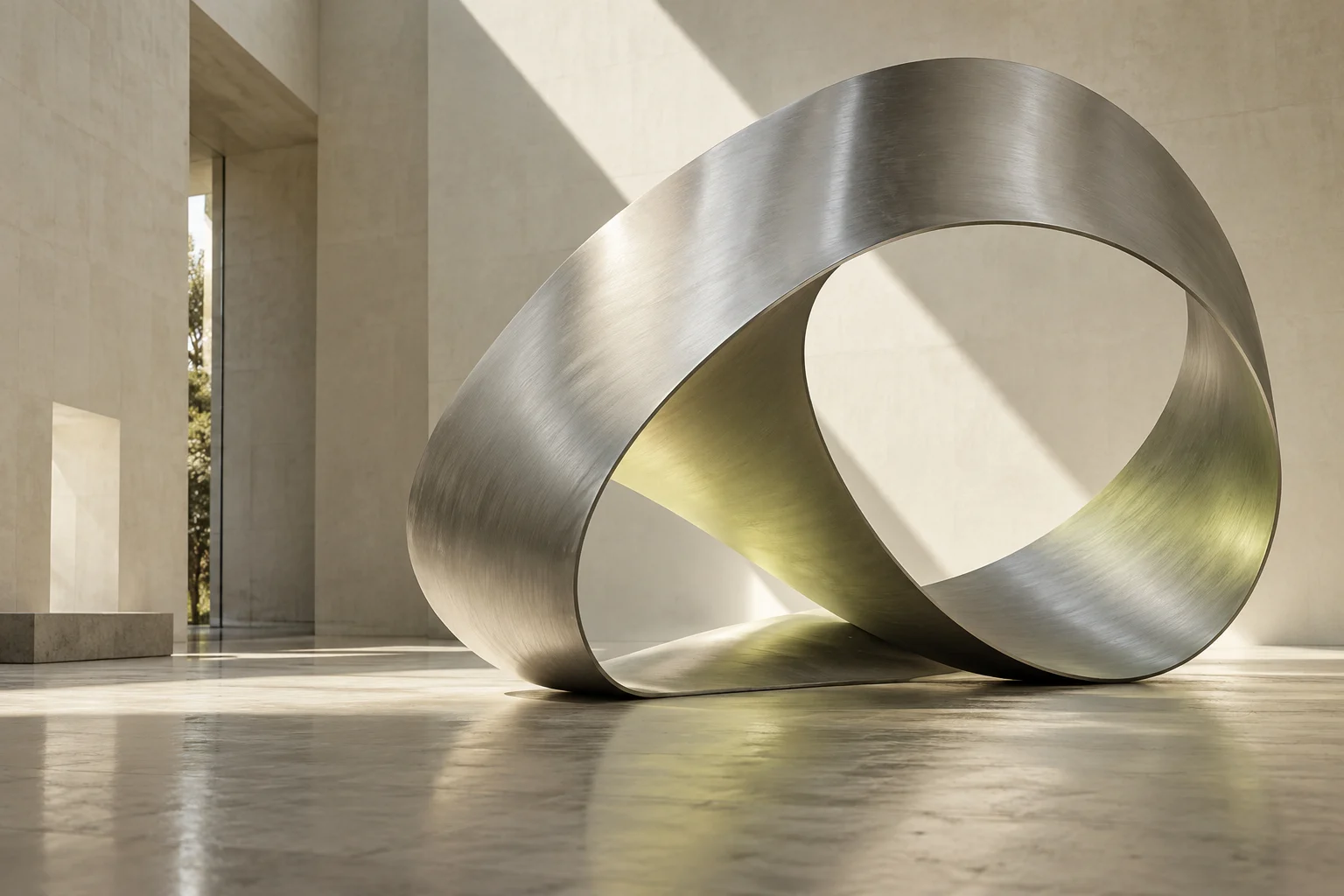 Skulpturale Aluminiumschleife im Sonnenlicht eines hellen architektonischen Raums